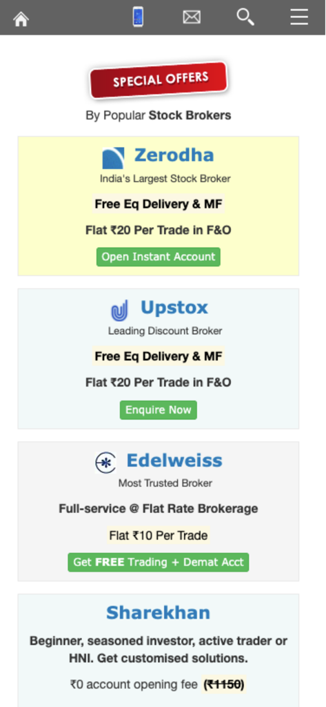 Promotional offers from various Indian stock brokers listed in the Chittorgarh app
