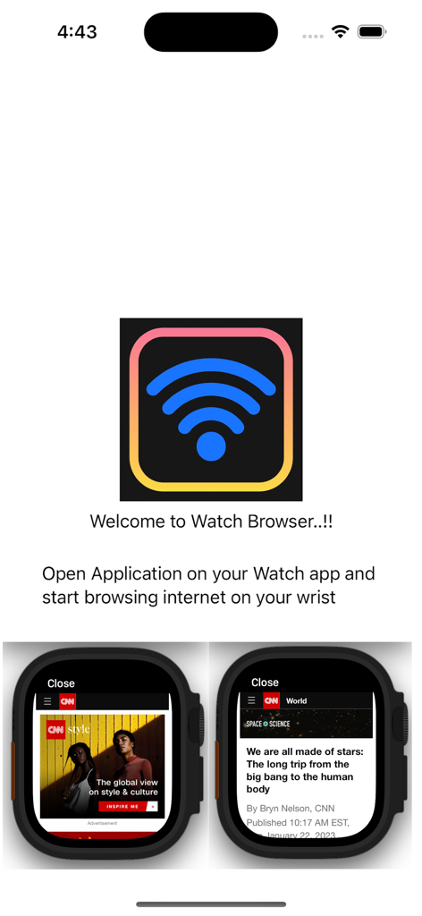 Schermata di benvenuto per l'app Watch Web Browser con il logo e mockup di articoli di notizie su un Apple Watch.