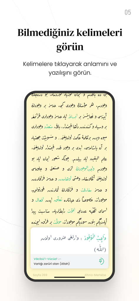 Hayrat Risale-i Nur - Una pantalla de aplicación móvil que muestra texto turco otomano con una ventana emergente que proporciona la definición de una palabra seleccionada en turco moderno.
