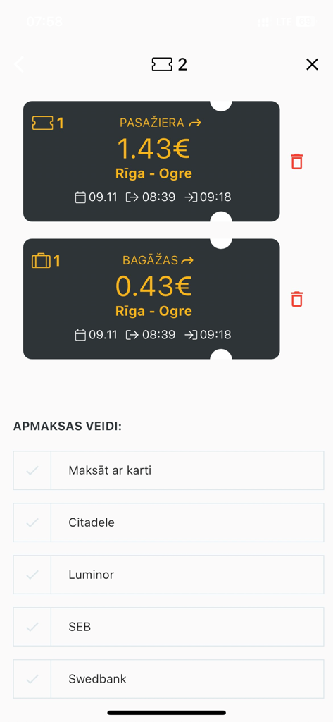 Vivi Latvija - Mobile app screen showing passenger and baggage tickets for a train from Riga to Ogre with a list of payment methods