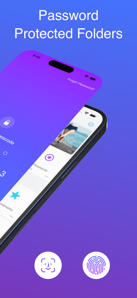 MaxVault - Photo & Video Vault - MaxVault app interface showing password protected folders with Face ID and fingerprint security