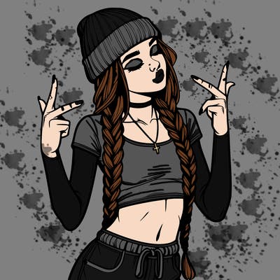 realistic teenage girl with braids and a beanie and crop top doing 🫶🏼