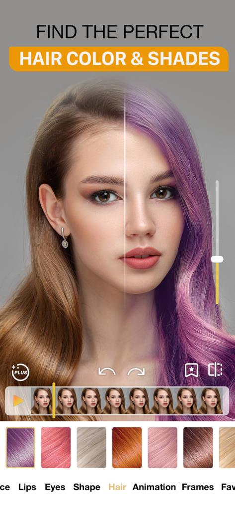 Perfect365 Video Makeup Editor - A split screen showing a woman natural hair color compared to a purple virtual hair dye filter
