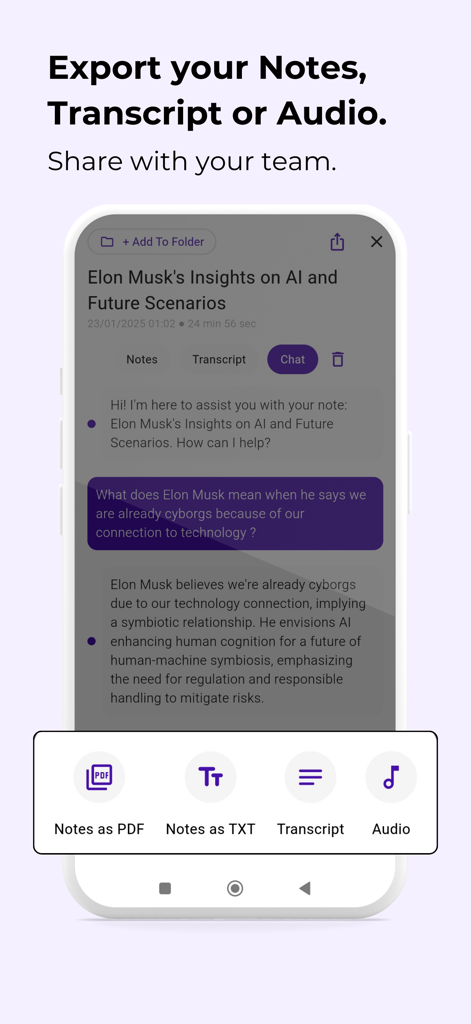 Instant AI Notes & Transcript - Mobile app screen showing export options for AI notes transcripts and audio files in PDF or TXT formats