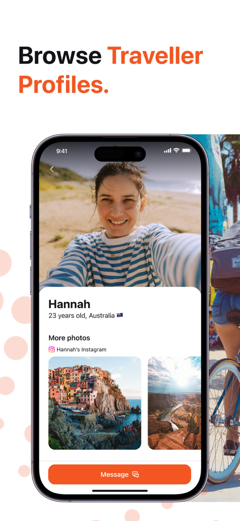 A traveler profile screen in the Hostelworld app showing user photos and social features