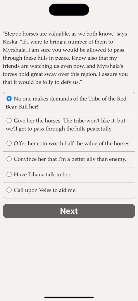 Uma tela de escolha narrativa baseada em texto do jogo mobile Saga of the North Wind