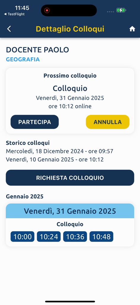 Parent teacher meeting details screen in the MasterCom Famiglie app showing scheduled times and a button to join online