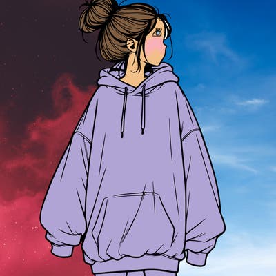 realistic girl with a oversized sweatshirt on and a bun