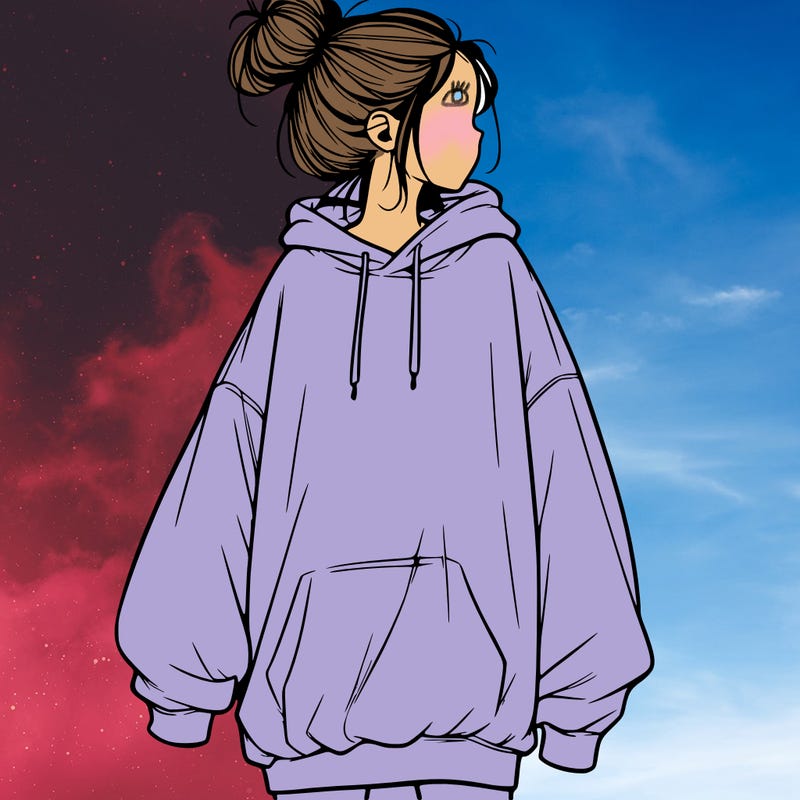 realistic girl with a oversized sweatshirt on and a bun