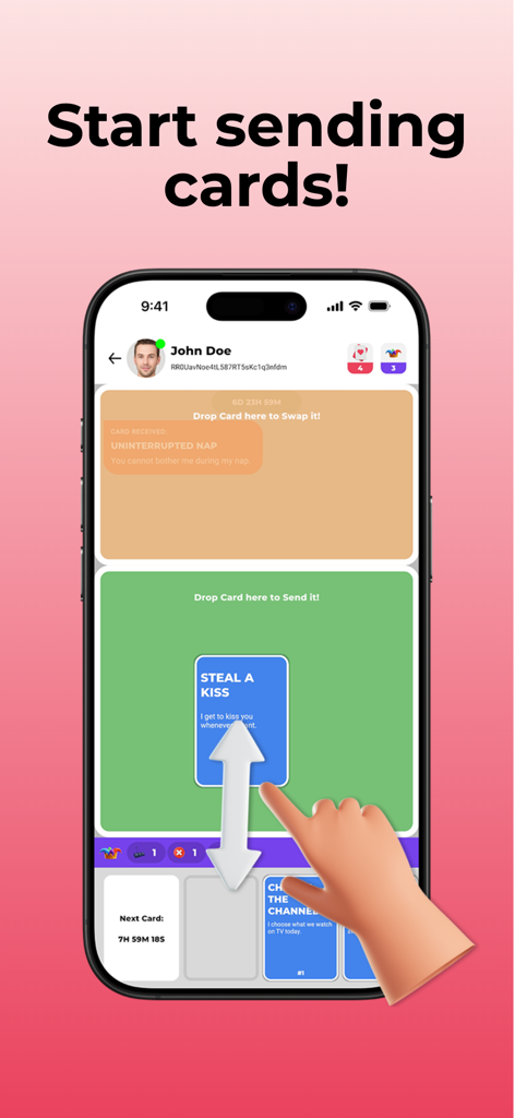 Couple Cards: Love Game - Un usuario arrastra una carta de reto 'Robar un Beso' para enviársela a su pareja en la app móvil Couple Cards.