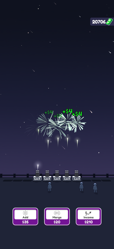 Fireworks Idle 3D - Uno screenshot di gioco di Fireworks Idle 3D che mostra lanciarazzi di fuochi d'artificio che esplodono nel cielo notturno e pulsanti di potenziamento per aggiunta, unione e reddito.