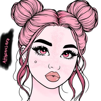 realistic girl with two buns on her hair and lips