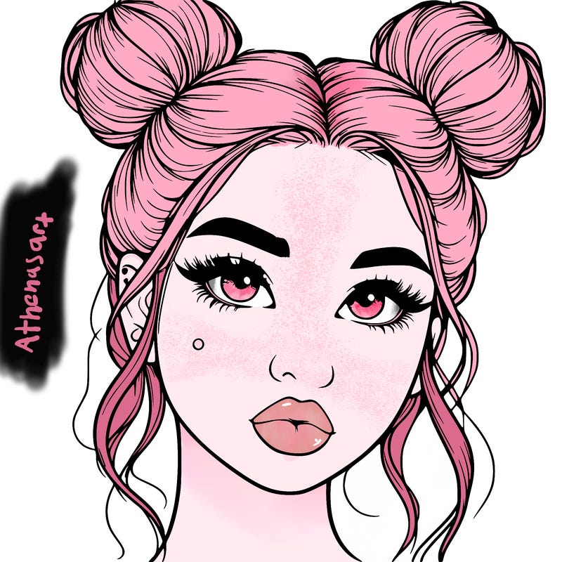 realistic girl with two buns on her hair and lips
