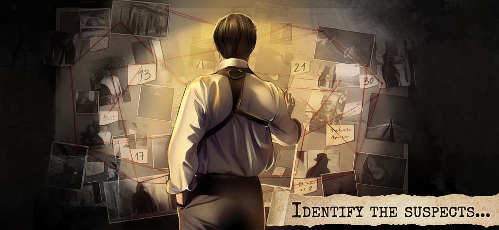 Detective: Escape Room Horror - Noir detective examining an evidence board with photos and red strings to identify suspects