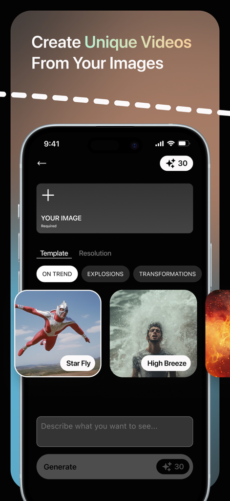 Lyma AI: Video Generator. - Lyma AI mobile app screen showing options to create unique videos from images using AI templates