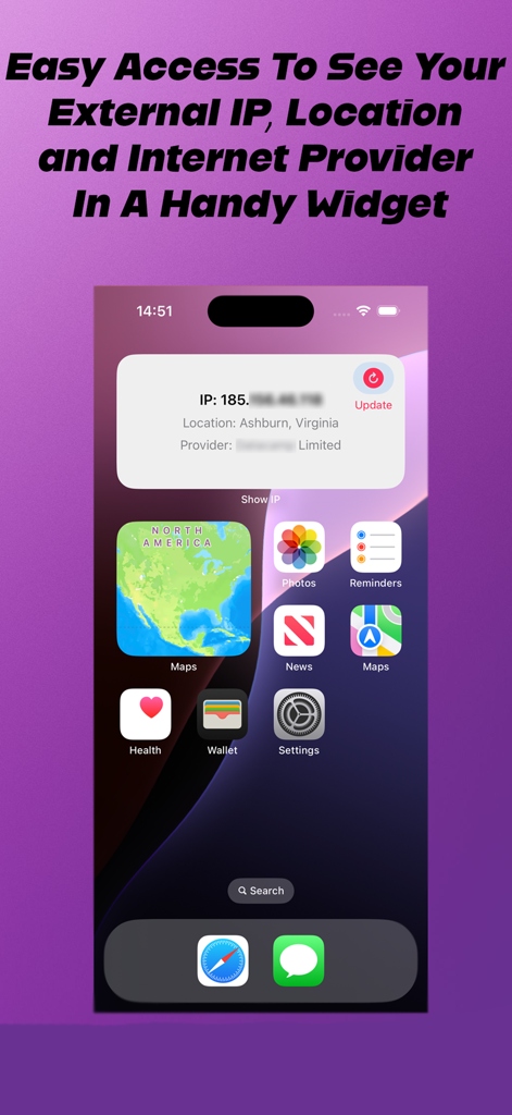Show IP Widget - iPhone home screen displaying the Show IP Widget with external IP address and network provider details