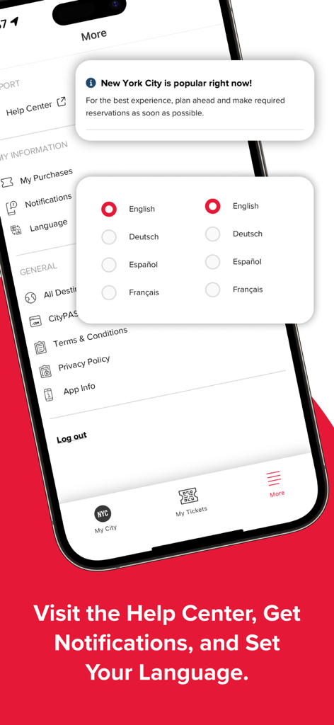 My CityPASS - Interface of My CityPASS app displaying language selection options and settings menu