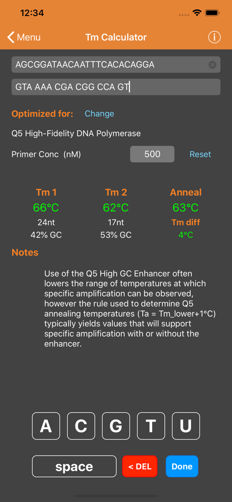 NEB Tools - Screenshot of the NEB Tools Tm Calculator showing DNA primer sequences and calculated PCR annealing temperatures