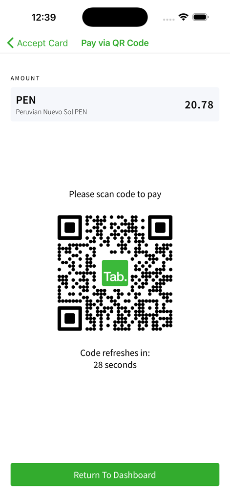 Tab (for Business) - Interfaz de la aplicación Tab for Business mostrando un código QR para una transacción de pago en Sol Peruano Nuevo.