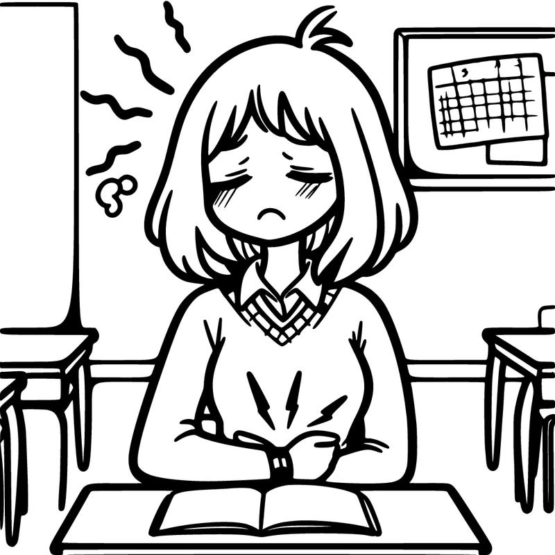female college student having a stomach ache during class