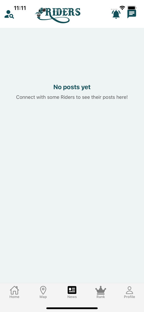 Riders - Bikers App - Empty news feed screen in the Riders Bikers App with a message to connect with other riders