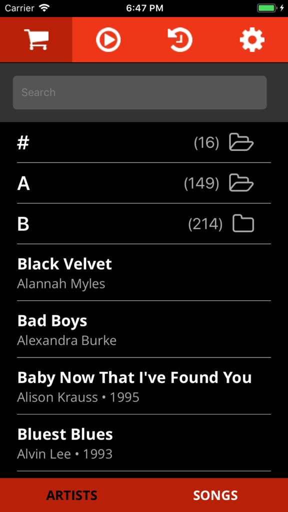 JamTracks - JamTracks app interface displaying a searchable list of professional multitrack songs for musicians