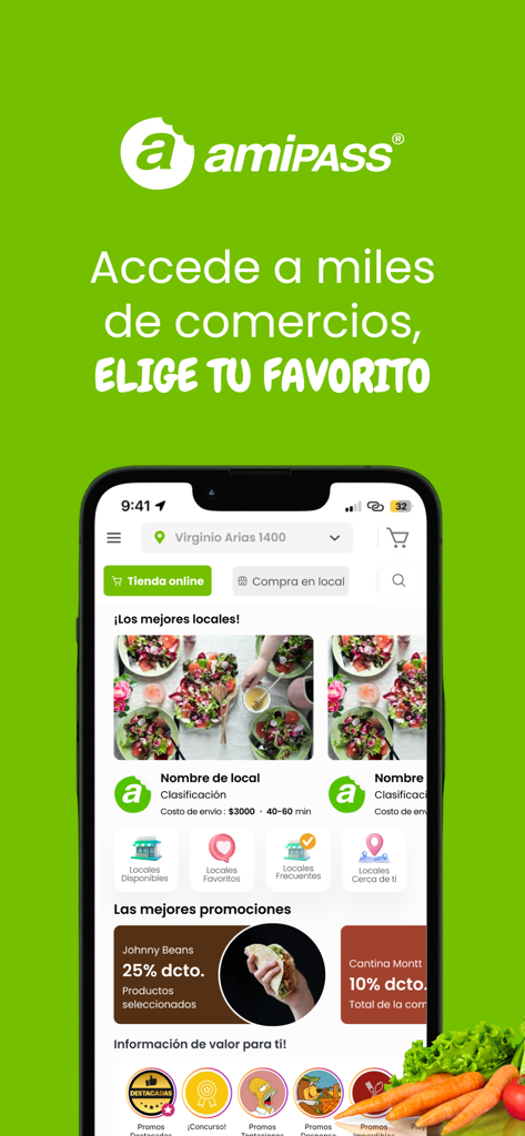 Écran d'accueil de l'application mobile Amipass présentant des restaurants locaux éco-responsables et des offres