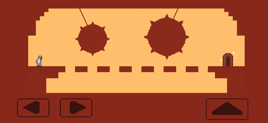 A pixel art 2D platformer level in Die Again Troll Game featuring a character facing swinging spiked ball traps