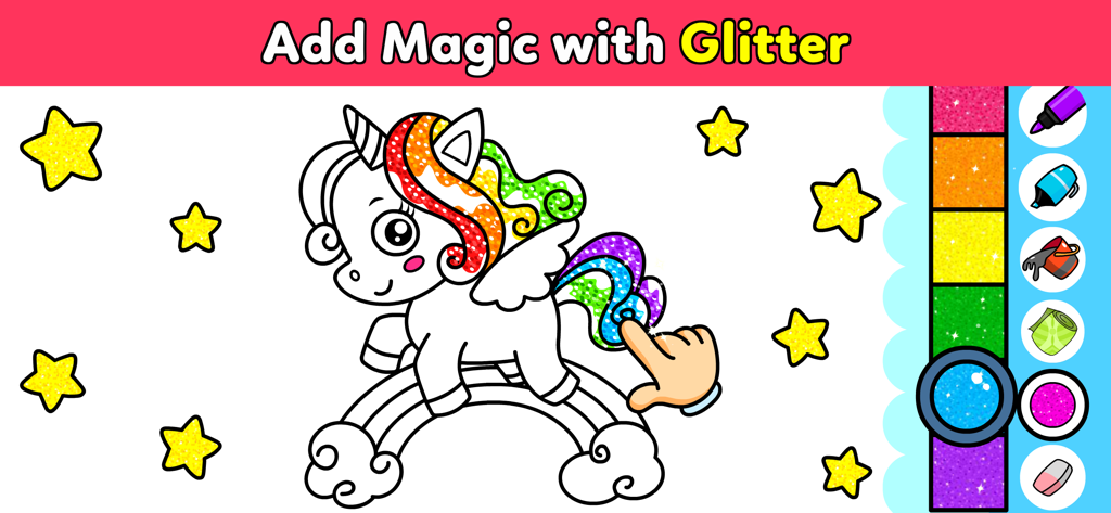 My Unicorn Coloring Club Games - Una página para colorear digital donde un niño usa herramientas de purpurina para colorear un unicornio de pie sobre un arcoíris