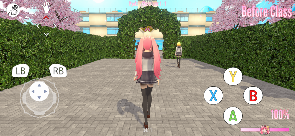 Lethal Love - Gameplay of Lethal Love showing an anime schoolgirl character walking through a school courtyard with cherry blossoms.