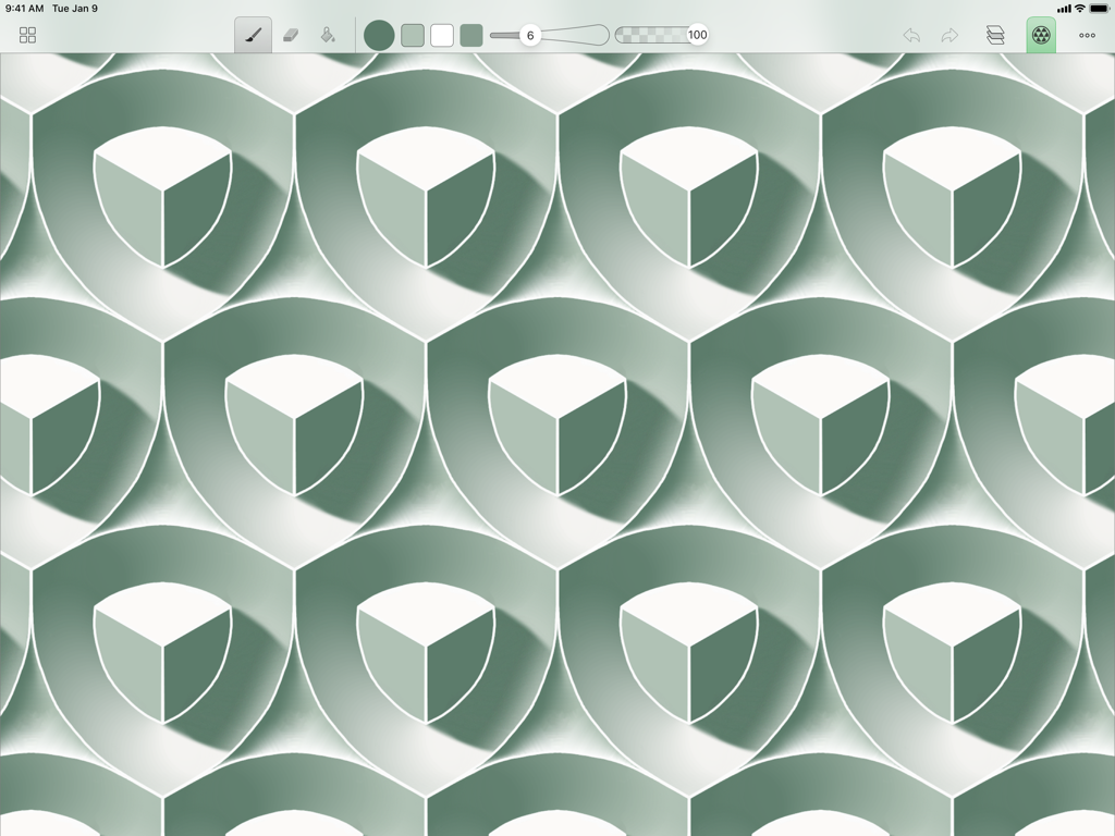 A green and white symmetrical tessellation pattern of cubes created in the Amaziograph app