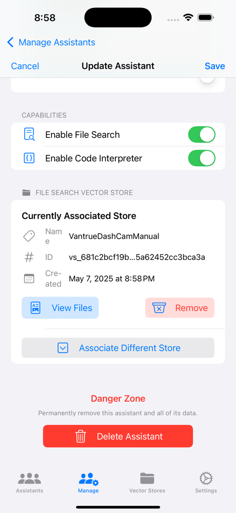 OpenAssistant - Interface for managing assistant capabilities including file search and vector store association