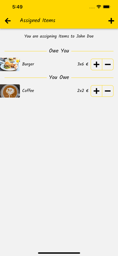 Debes: Who owes me? Do I owe? - Mobile app screen showing assigned items and debts for a contact named John Doe.