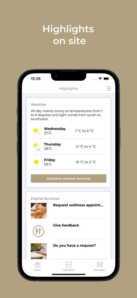 Hotel Tirol Fiss - Highlights screen of the Hotel Tirol Fiss app showing local weather forecasts and digital guest services such as wellness appointments and feedback requests.