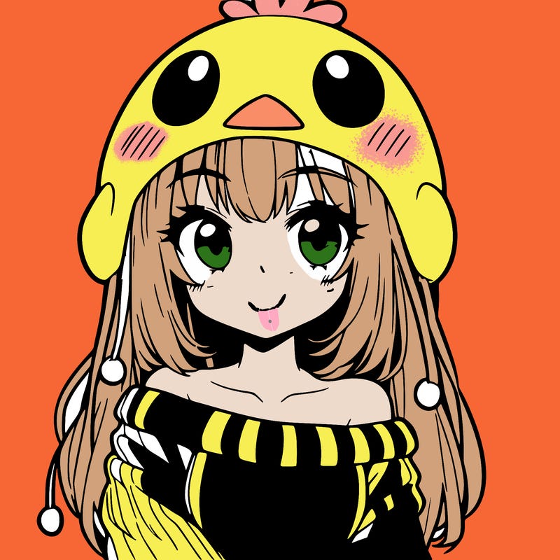 anime girl with chick shaped hat with sweater with bare shoulders with bangs covering them one eye with low tail