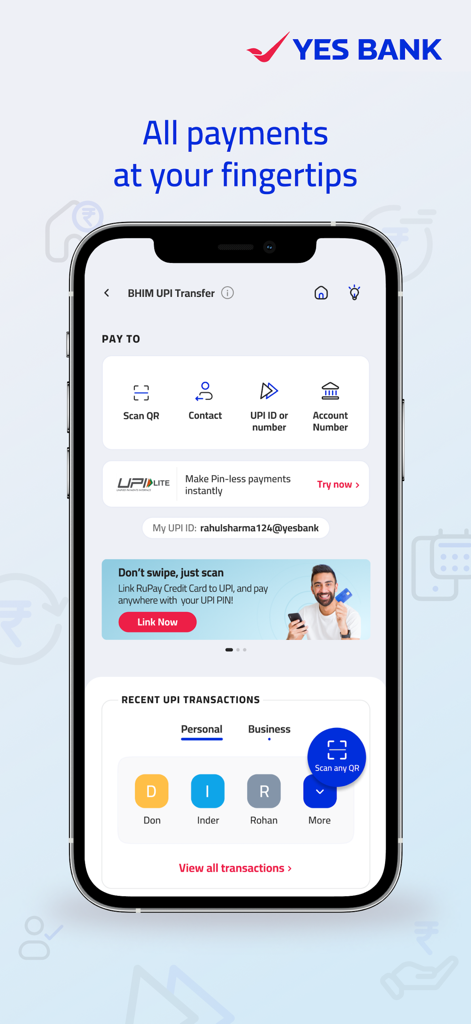 Interface de transfert UPI de l'application mobile IRIS par YES BANK montrant les options de paiement et les transactions récentes
