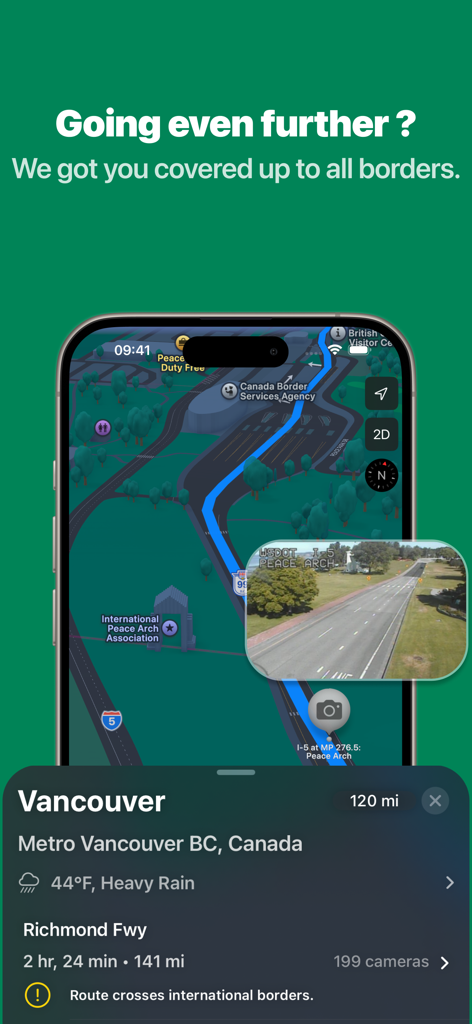 Tela do aplicativo de tráfego mostrando uma rota para Vancouver com uma visão de câmera de estrada ao vivo perto da travessia da fronteira Peace Arch.