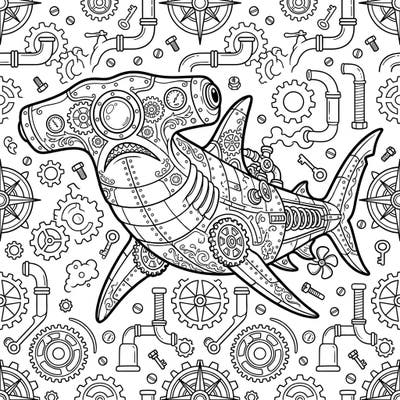 Explore the fascinating fusion of marine biology and industrial fantasy with this unique Steampunk Hammerhead Shark coloring page. Adorned with gears, pipes, and Victorian-era mechanics, this design offers an exciting challenge for colorists of all ages.