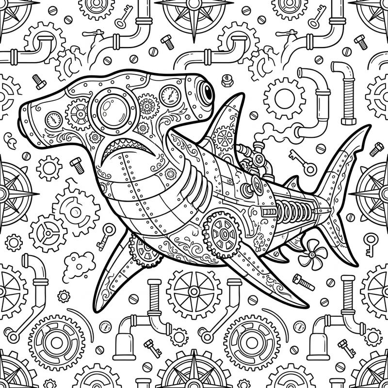 Explore the fascinating fusion of marine biology and industrial fantasy with this unique Steampunk Hammerhead Shark coloring page. Adorned with gears, pipes, and Victorian-era mechanics, this design offers an exciting challenge for colorists of all ages.