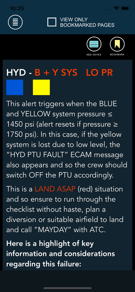 Technical study page for Airbus A320 hydraulic blue and yellow system low pressure failure.