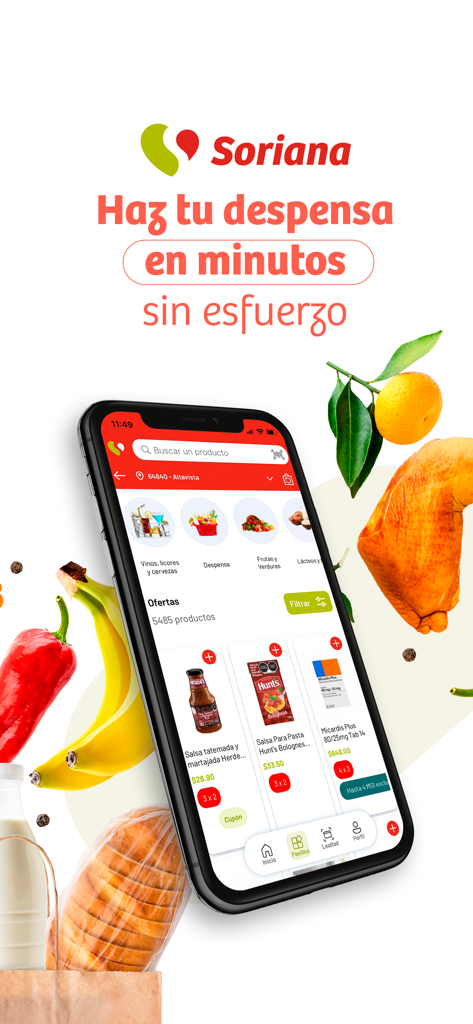 Teléfono inteligente mostrando la interfaz de la app Soriana para comprar fácilmente comestibles con íconos de frutas y verduras frescas