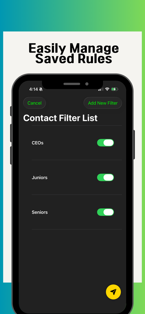 Send Multi SMS App-Oberfläche, die eine Liste von Kontaktfiltern mit Schaltern für CEOs, Junioren und Senioren anzeigt.
