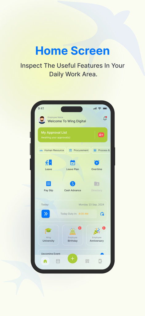 Wing Digital - The Wing Digital mobile app home screen showing employee features like leave requests, pay slips, and approval lists.