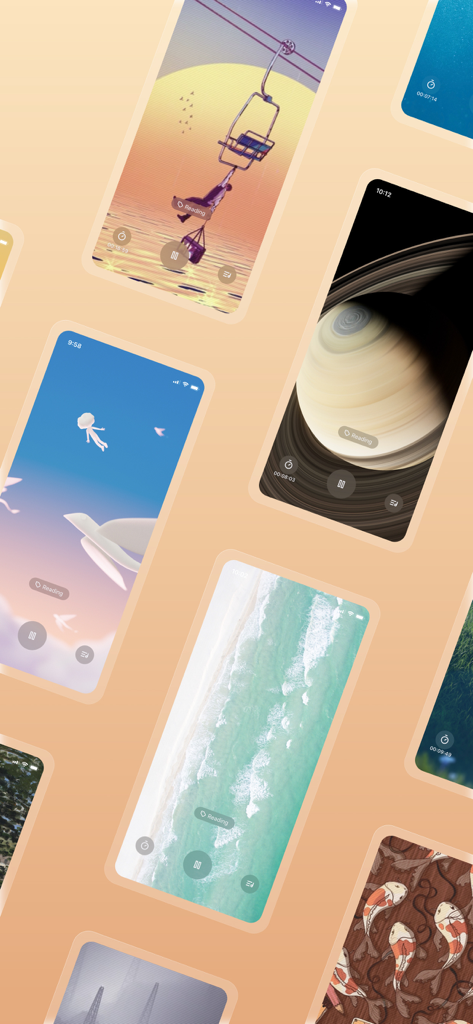 Mind Zen · Focus & Sleep Music - Screenshots of Mind Zen app showing minimalist aesthetic backgrounds and focus timers