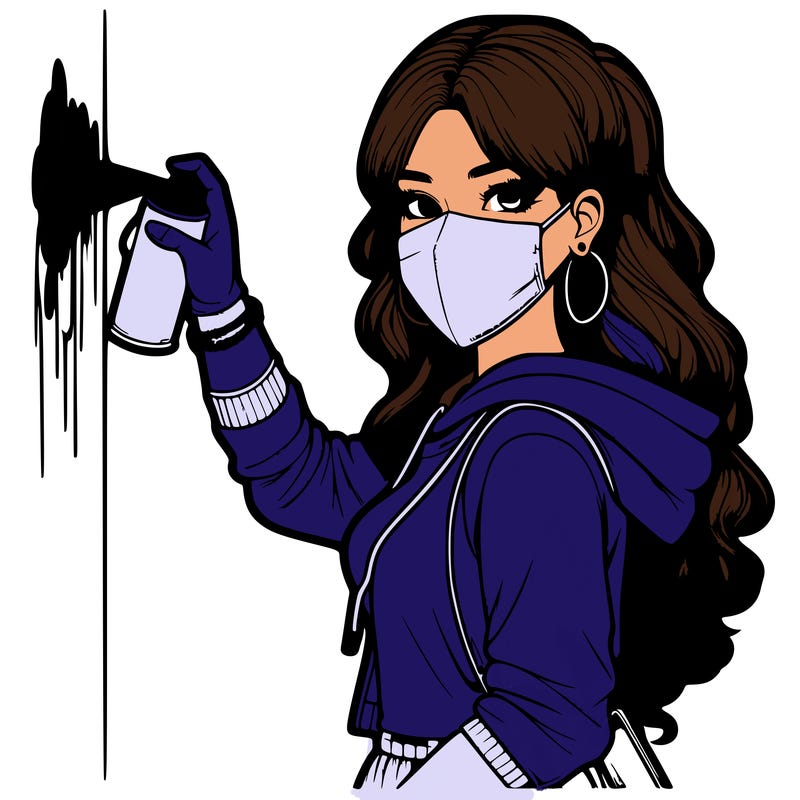 realistic girl with mask spray painting a wall