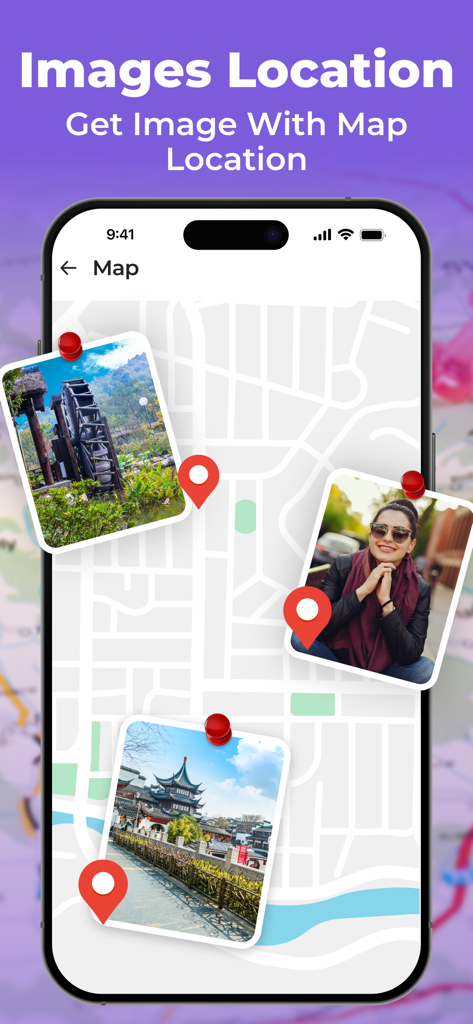 Geotag Photos: GPS Map Camera - Mobile app interface showing photos pinned to their specific geographic locations on an interactive map