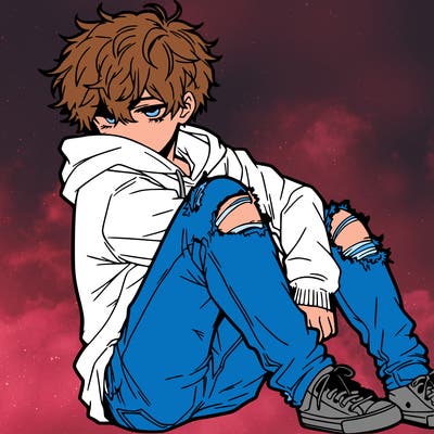 a male hoddie ripped jeans messy hair anime