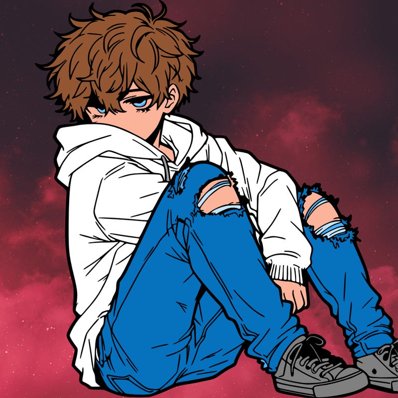 a male hoddie ripped jeans messy hair anime