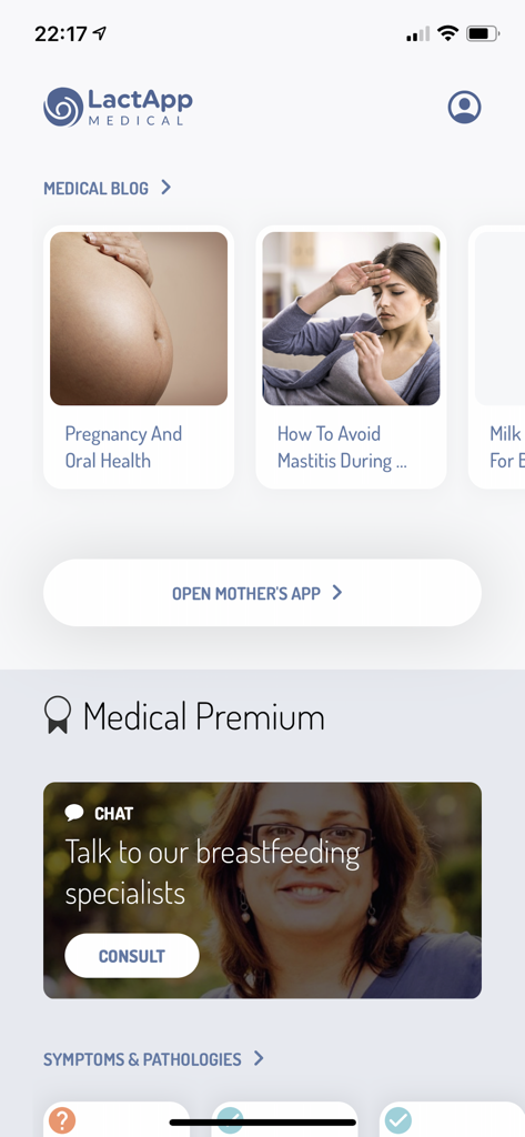 LactApp Medical home screen featuring medical blog posts and breastfeeding specialist chat for healthcare providers