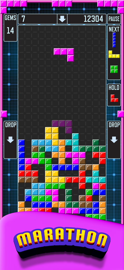 Pentix Nova - Falling Blocks - Gameplay screenshot of Pentix Nova showing colorful falling blocks in Marathon mode with score and next piece displays